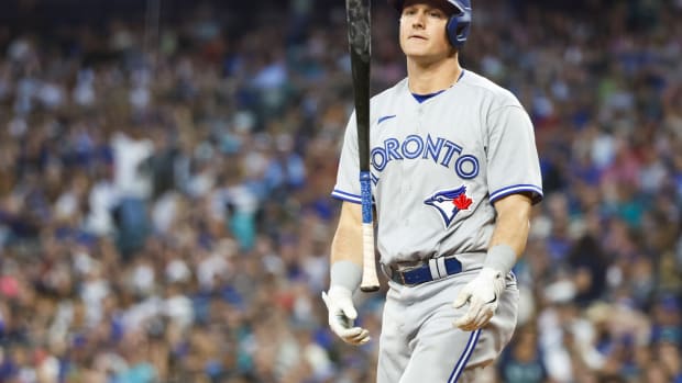 Toronto Blue Jays third baseman Matt Chapman (26) reacts after striking out (2022).